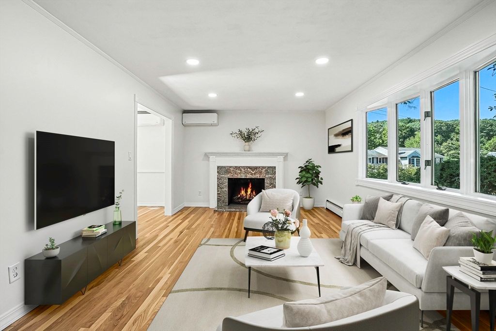 Fireplace, Interior, Living room, Recessed Lighting, Wood Texture Flooring