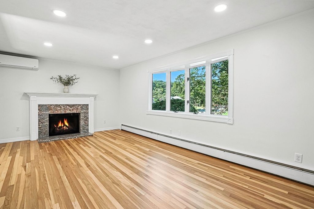 Empty room, Fireplace, Interior, Recessed Lighting, Wood Texture Flooring