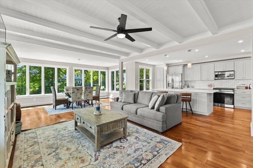 Dining room, Interior, Kitchen, Living room, Recessed Lighting, Stainless Steel Appliances, Wood Texture Flooring