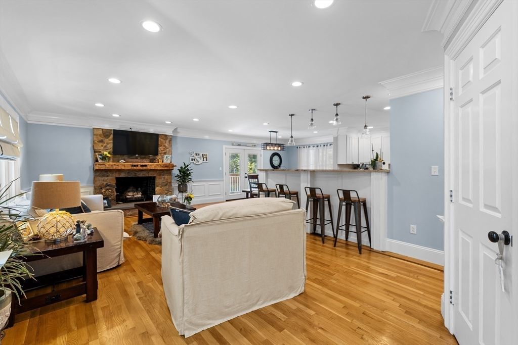 Dining room, Fireplace, Interior, Kitchen, Living room, Pendant Lights, Recessed Lighting, Stone Walls, Wood Texture Flooring
