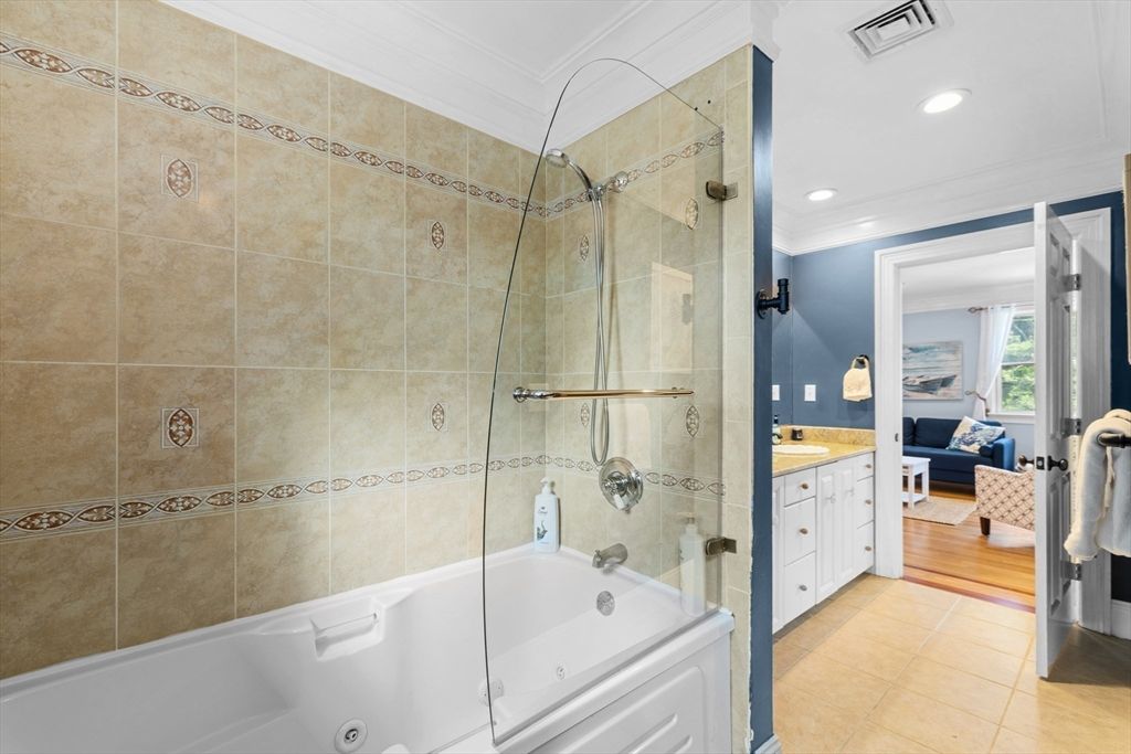 Bathroom, Glass Shower, Interior, Recessed Lighting, Wood Texture Flooring