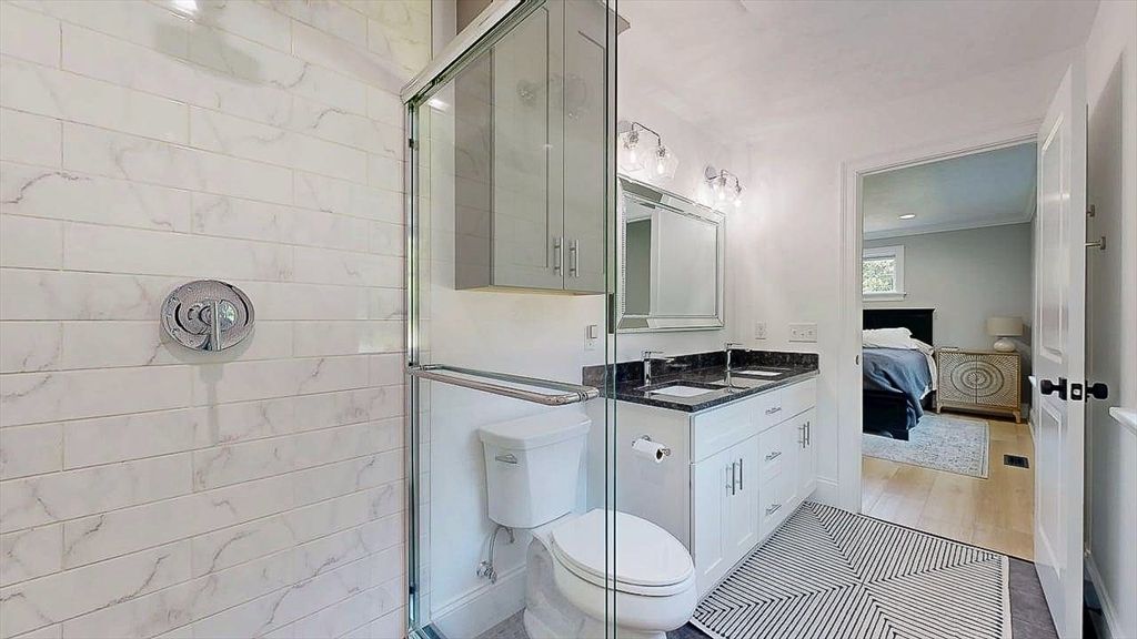 Bathroom, Bedroom, Glass Shower, Interior, Marble Walls, Recessed Lighting, Wood Texture Flooring