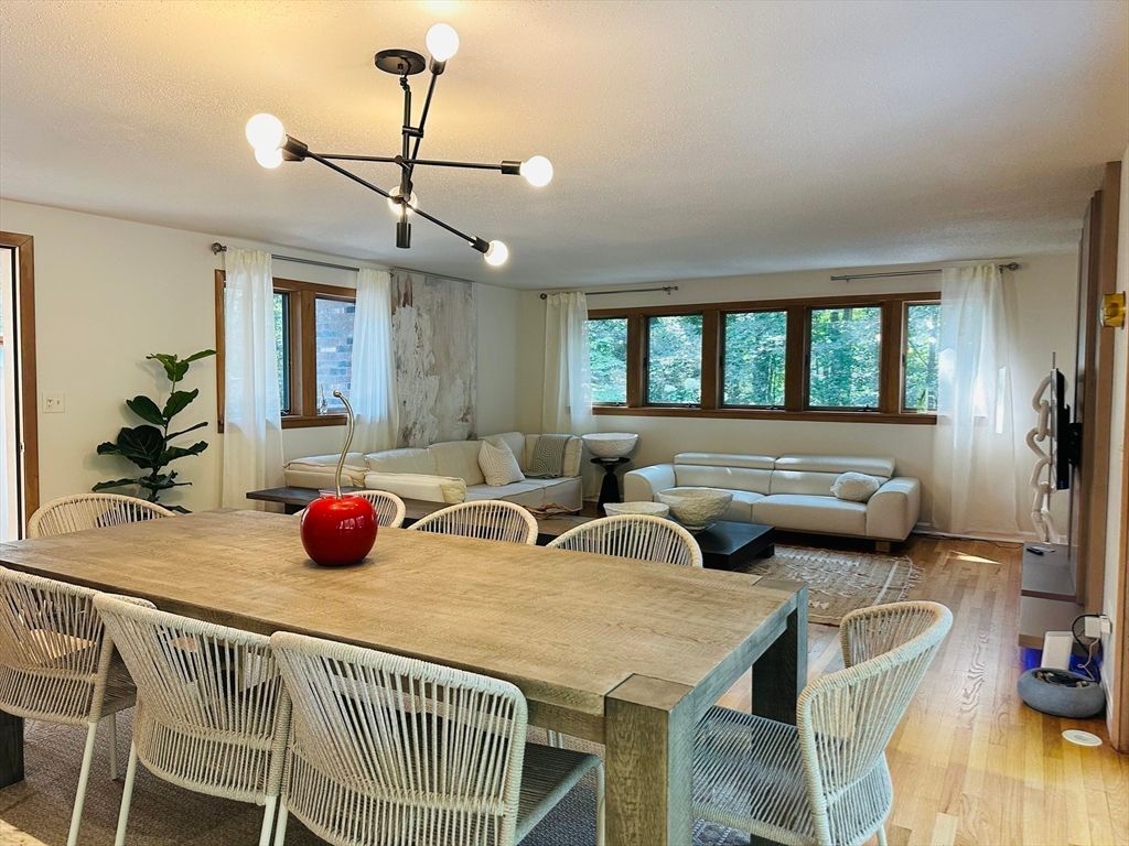Dining room, Interior, Living room, Pendant Lights, Wood Texture Flooring