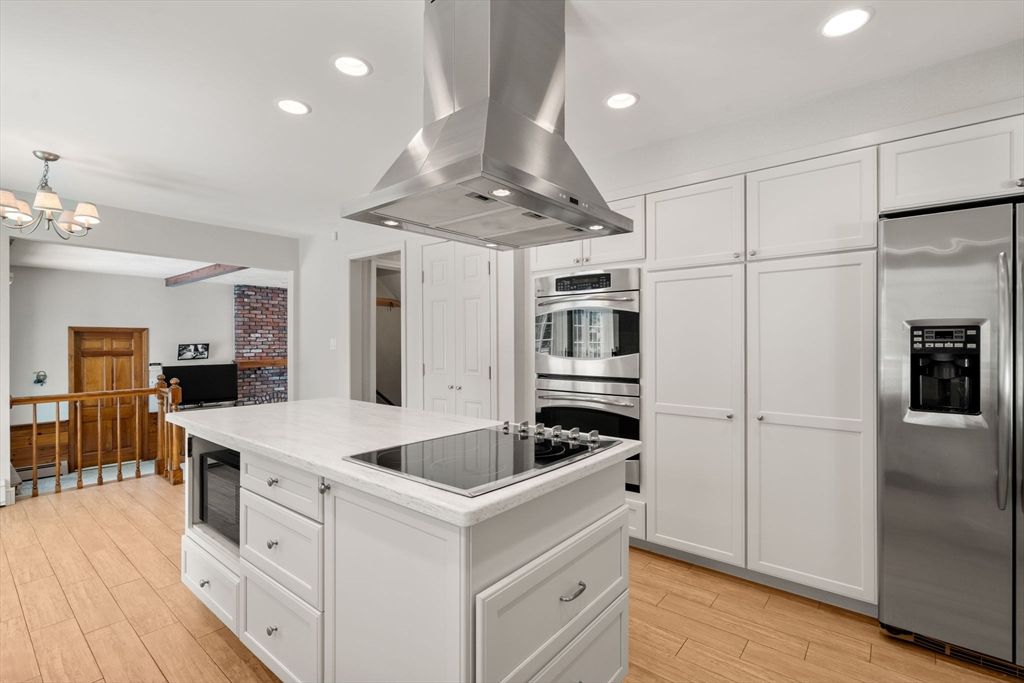 Chandelier, Interior, Kitchen, Recessed Lighting, Stainless Steel Appliances, Wood Texture Flooring