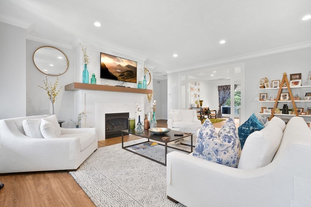 Fireplace, Interior, Living room, Recessed Lighting, Wood Texture Flooring
