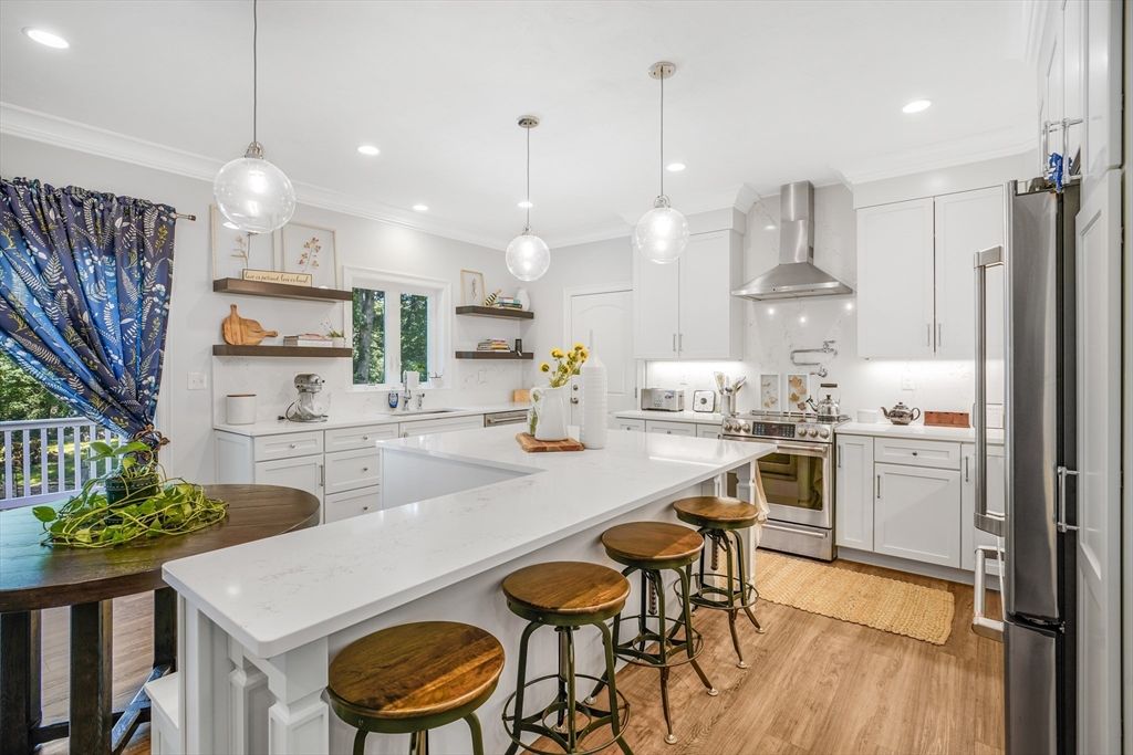 Interior, Kitchen, Pendant Lights, Recessed Lighting, Stainless Steel Appliances, Wood Texture Flooring