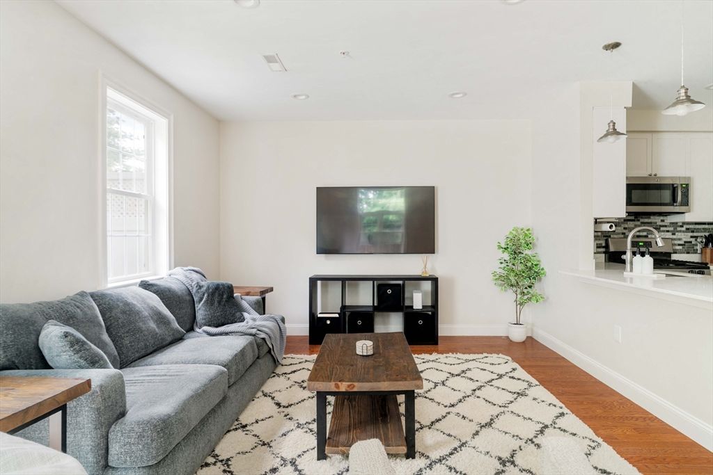 Interior, Living room, Pendant Lights, Recessed Lighting, Stainless Steel Appliances, Wood Texture Flooring