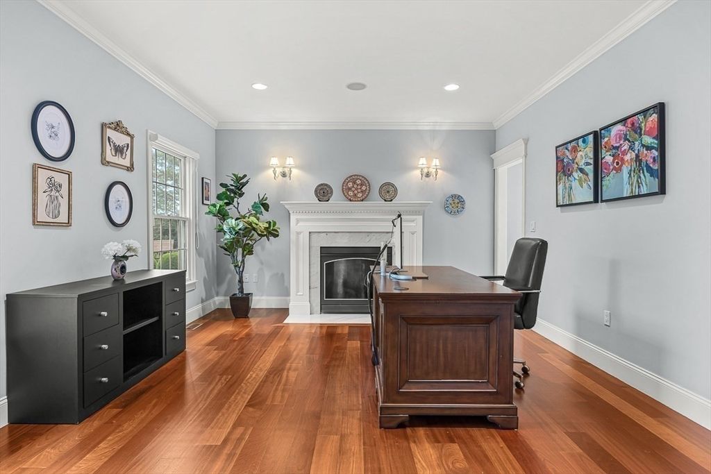 Fireplace, Home Office, Interior, Recessed Lighting, Wood Texture Flooring