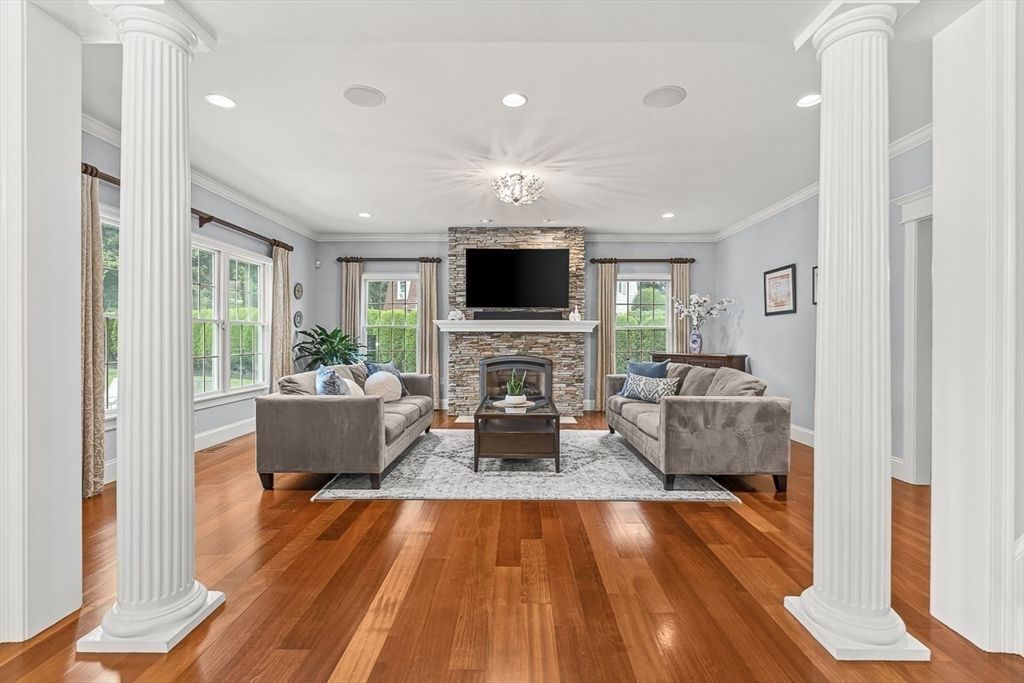 Fireplace, Interior, Living room, Recessed Lighting, Wood Texture Flooring