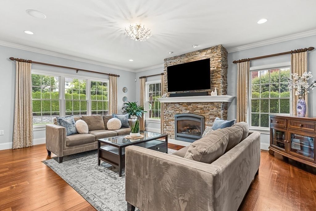 Chandelier, Fireplace, Interior, Living room, Recessed Lighting, Wood Texture Flooring
