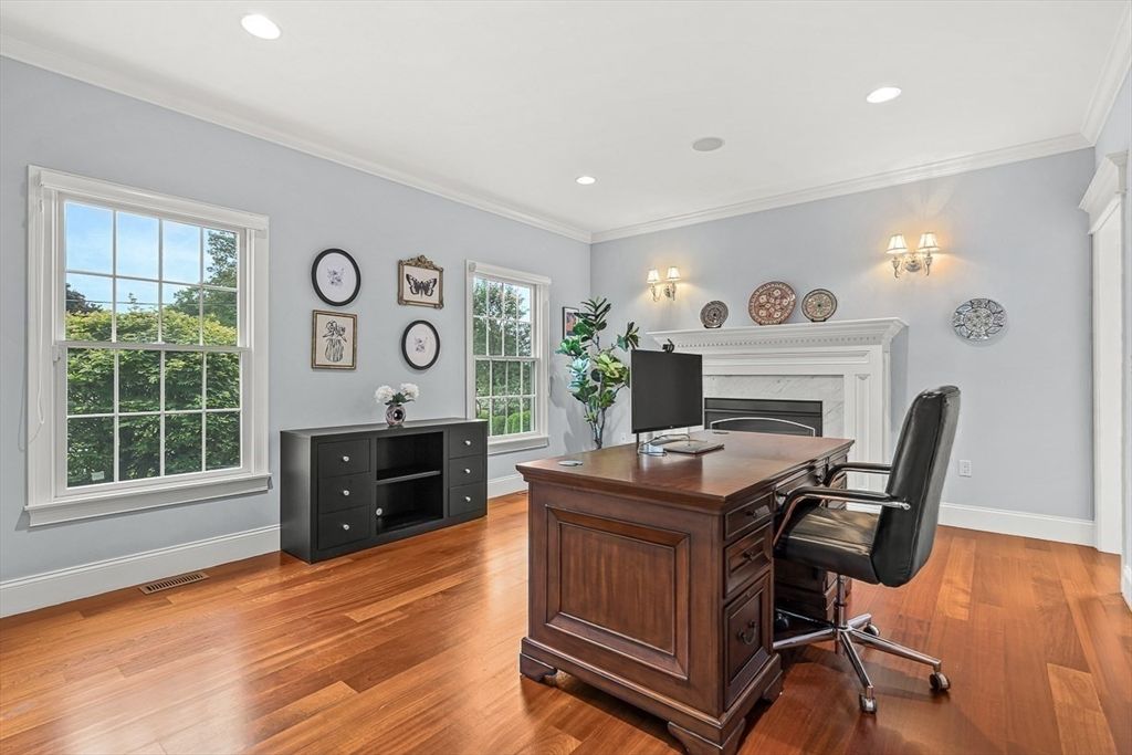 Fireplace, Home Office, Interior, Recessed Lighting, Wood Texture Flooring