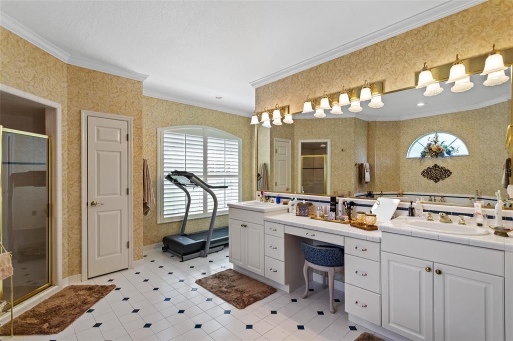 Bathroom, Dual Sink Vanities, Interior, Recessed Lighting, Tile Countertops
