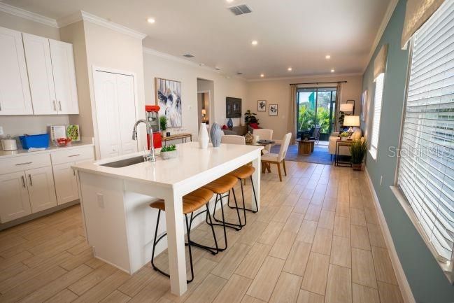 Dining room, Interior, Kitchen, Living room, Recessed Lighting, Wood Texture Flooring