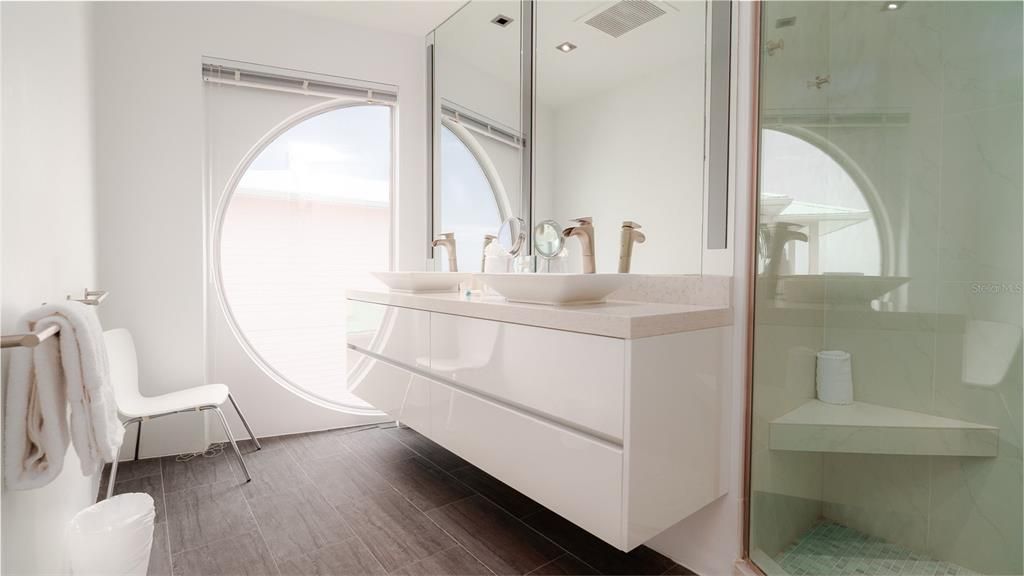Bathroom, Glass Shower, Interior, Recessed Lighting, Wood Texture Flooring