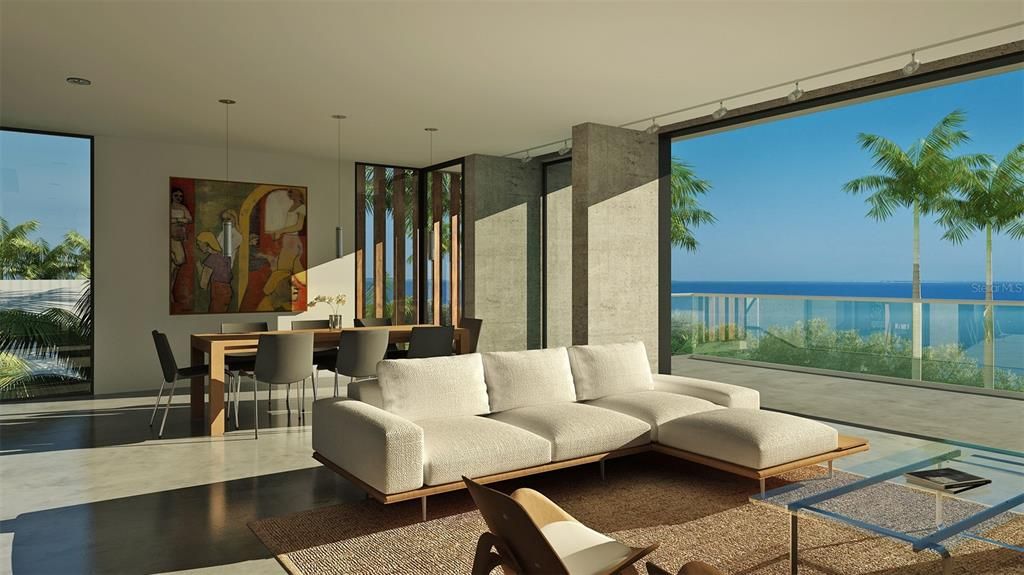 Dining room, Interior, Living room, Pendant Lights, Water, Wood Texture Flooring