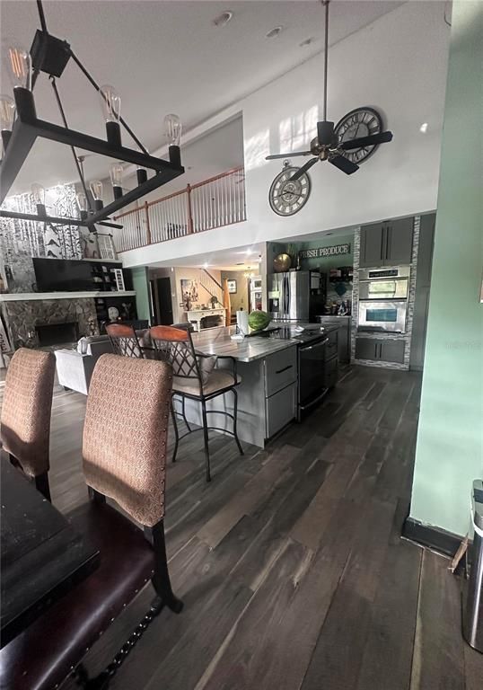 Dining room, Interior, Kitchen, Pendant Lights, Wood Texture Flooring