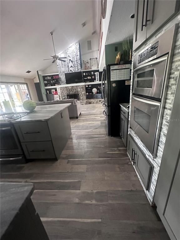 Fireplace, Interior, Kitchen, Wood Texture Flooring