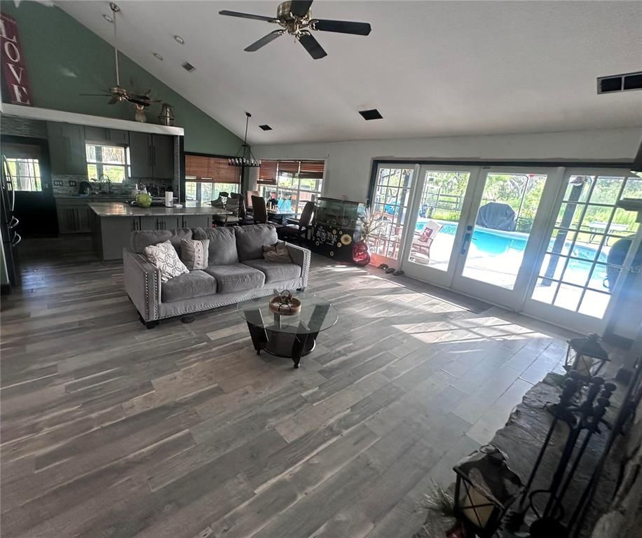 Interior, Kitchen, Living room, Pendant Lights, Recessed Lighting, Wood Texture Flooring