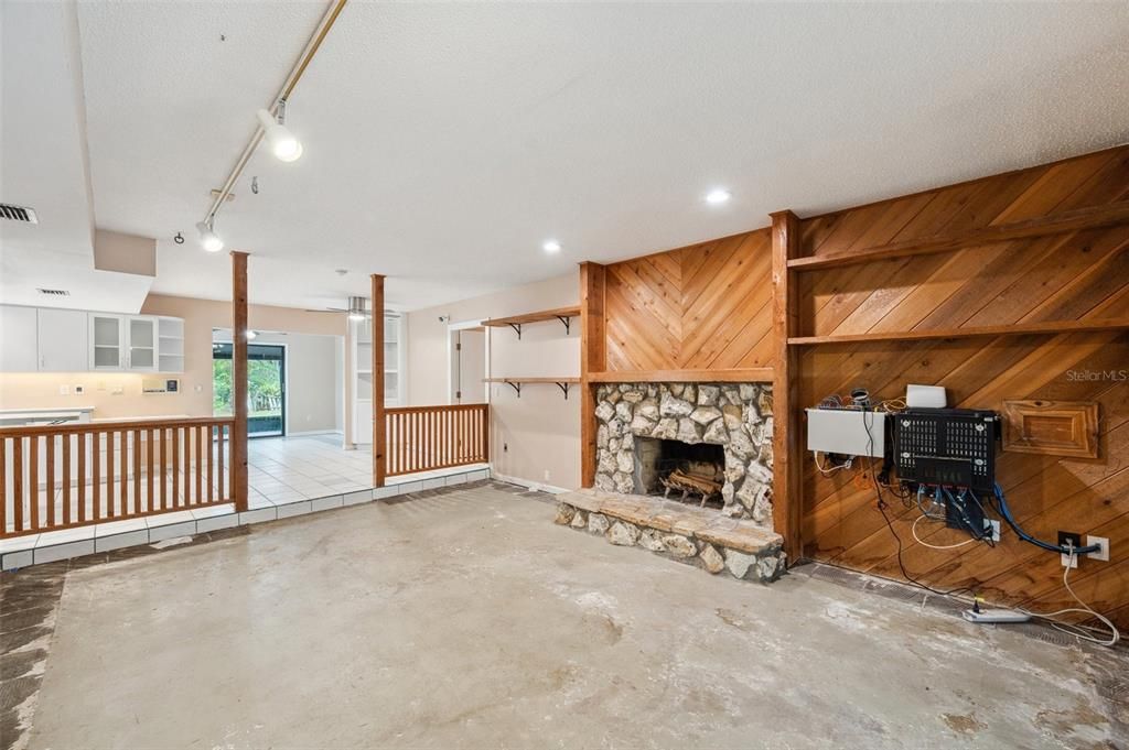 Fireplace, Interior, Recessed Lighting, Wooden Walls