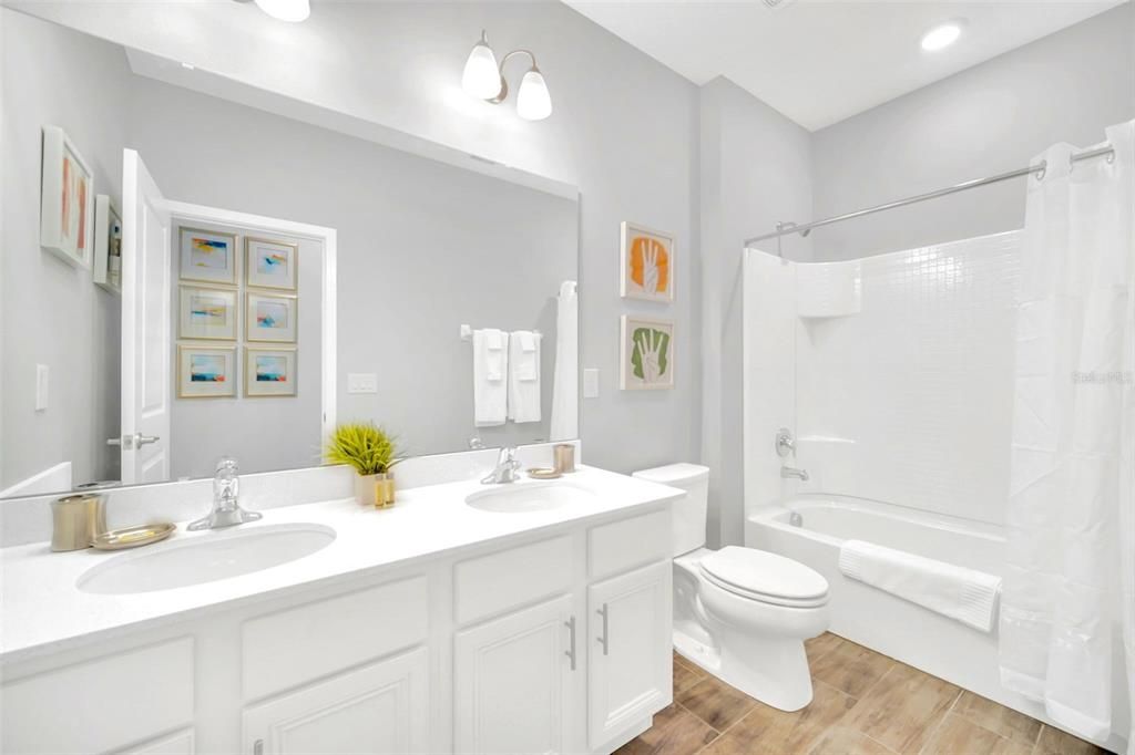 Bathroom, Dual Sink Vanities, Interior, Recessed Lighting, Wood Texture Flooring