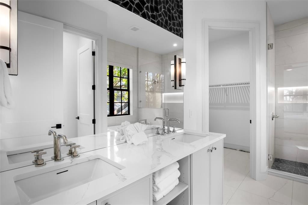 Bathroom, Dual Sink Vanities, Glass Shower, Interior, Marble Walls, Recessed Lighting