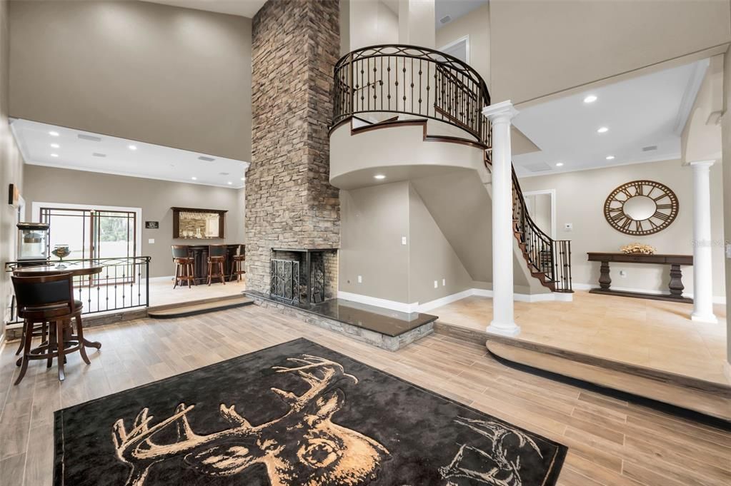 Fireplace, Interior, Recessed Lighting, Wood Texture Flooring