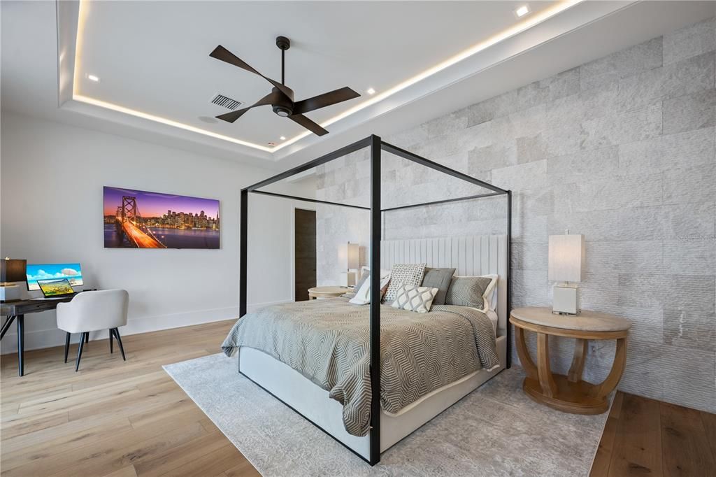 Bedroom, Interior, Recessed Lighting, Wood Texture Flooring