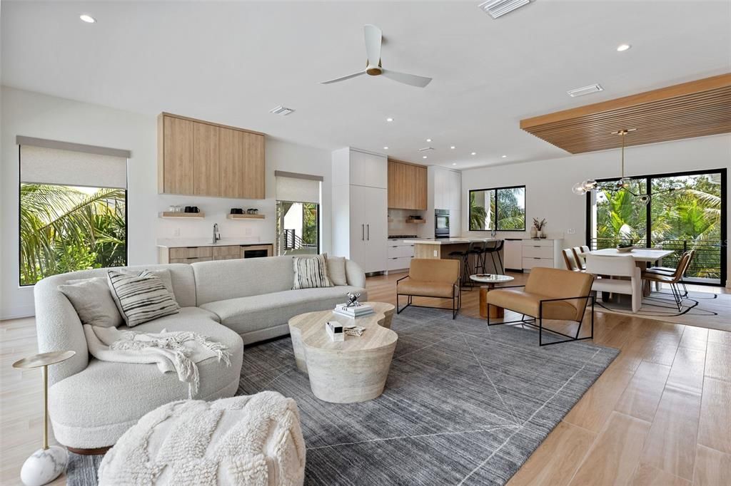 Dining room, Interior, Kitchen, Living room, Pendant Lights, Recessed Lighting, Wood Texture Flooring