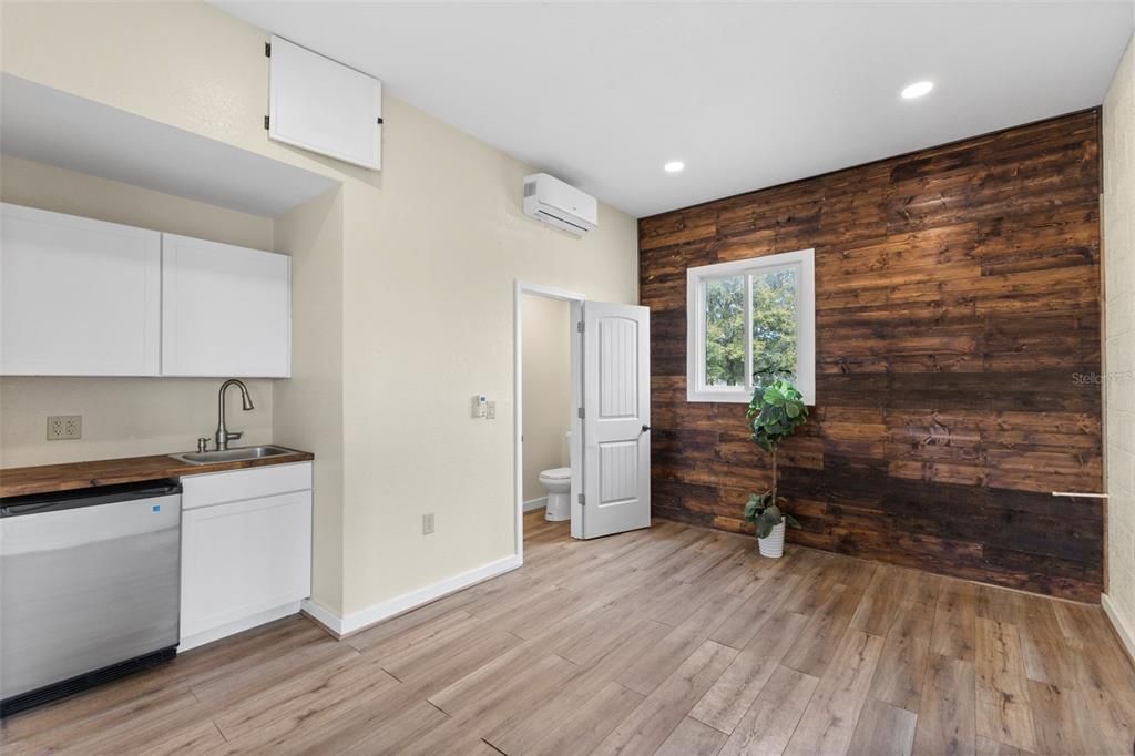 Interior, Kitchen, Recessed Lighting, Wood Texture Flooring, Wooden Walls