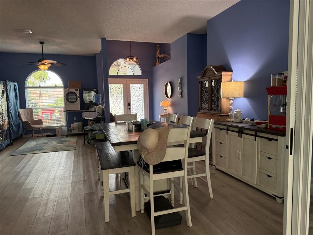 Dining room, Interior, Pendant Lights, Wood Texture Flooring