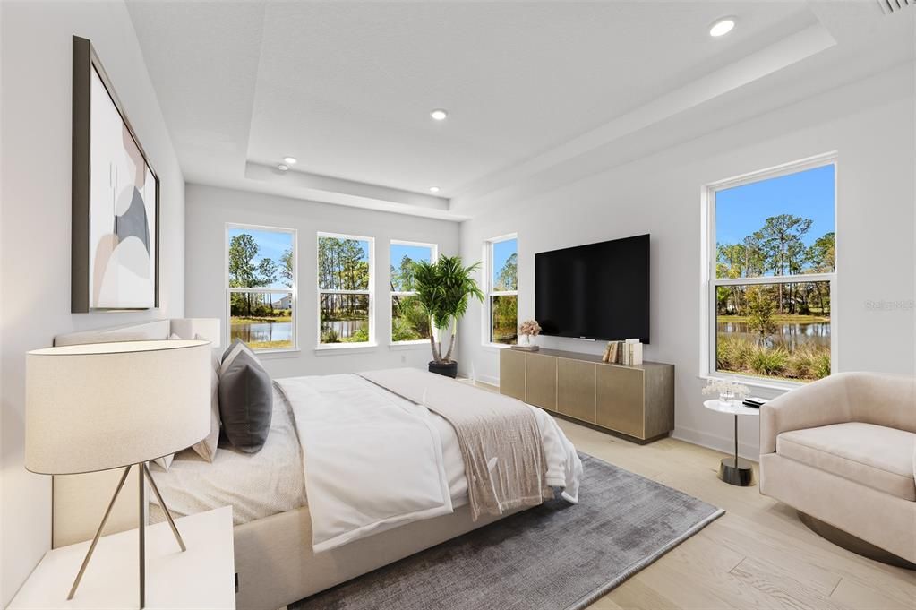 Bedroom, Interior, Recessed Lighting, Water, Wood Texture Flooring