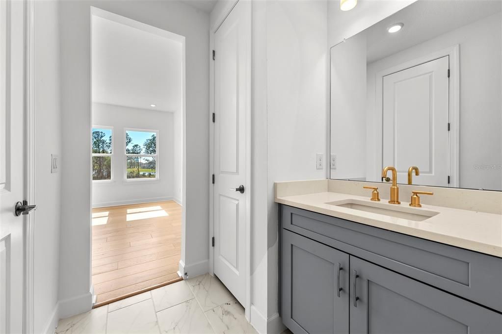 Bathroom, Interior, Marble, Recessed Lighting, Wood Texture Flooring