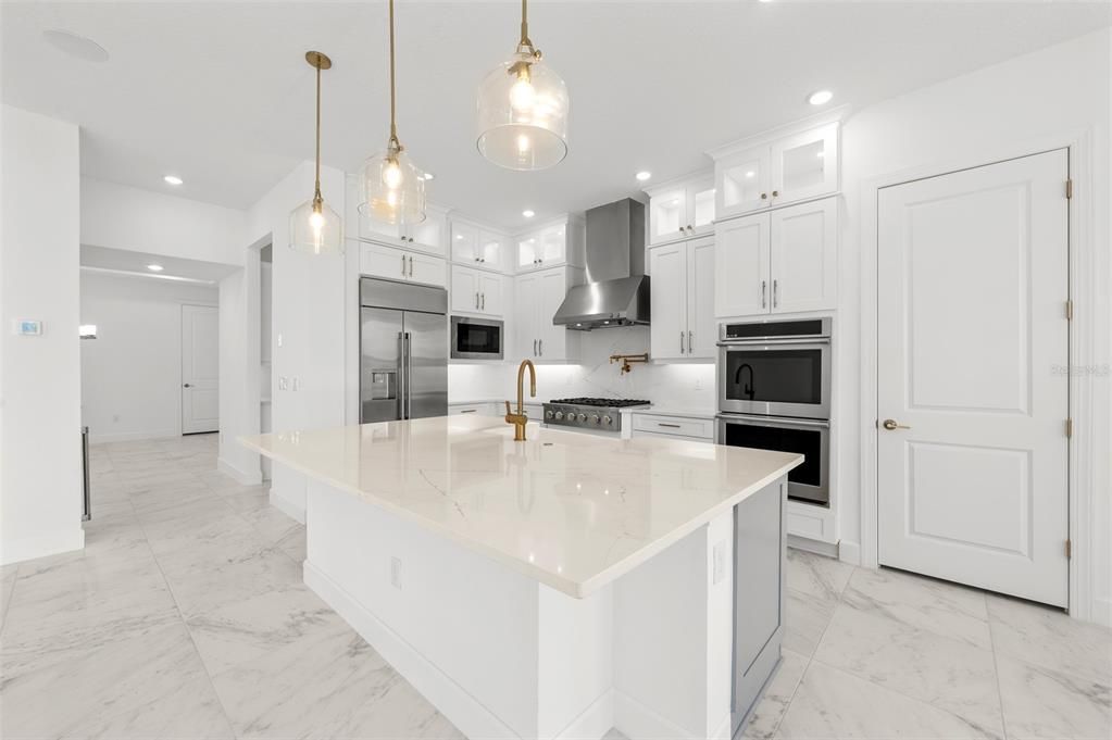 Interior, Kitchen, Marble, Pendant Lights, Recessed Lighting, Stainless Steel Appliances