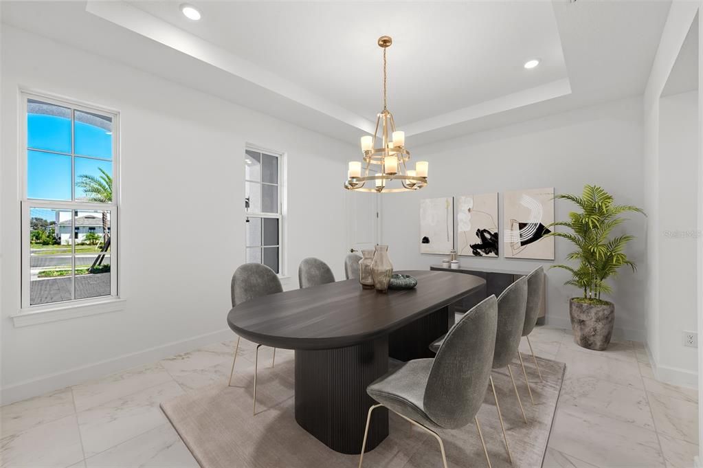 Chandelier, Dining room, Interior, Marble, Recessed Lighting