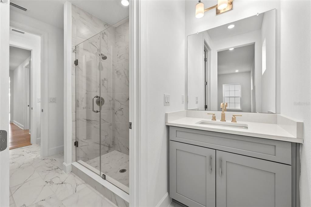Bathroom, Glass Shower, Interior, Marble, Marble Walls, Recessed Lighting