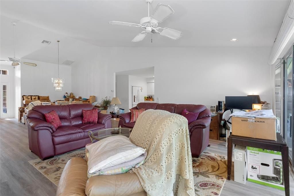 Dining room, Interior, Living room, Recessed Lighting, Wood Texture Flooring