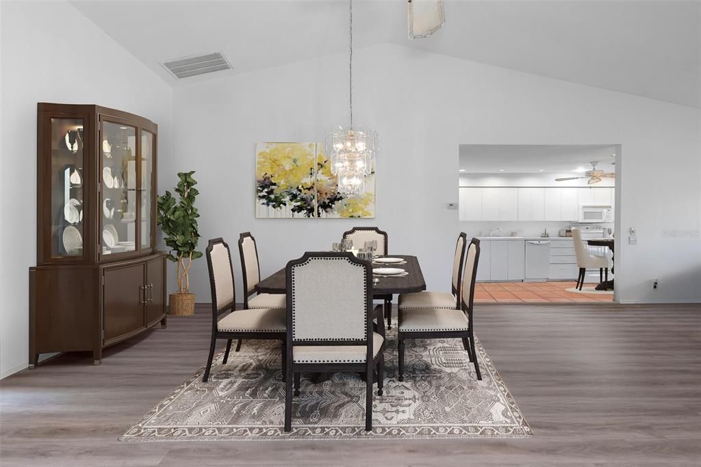 Dining room, Interior, Kitchen, Pendant Lights, Wood Texture Flooring