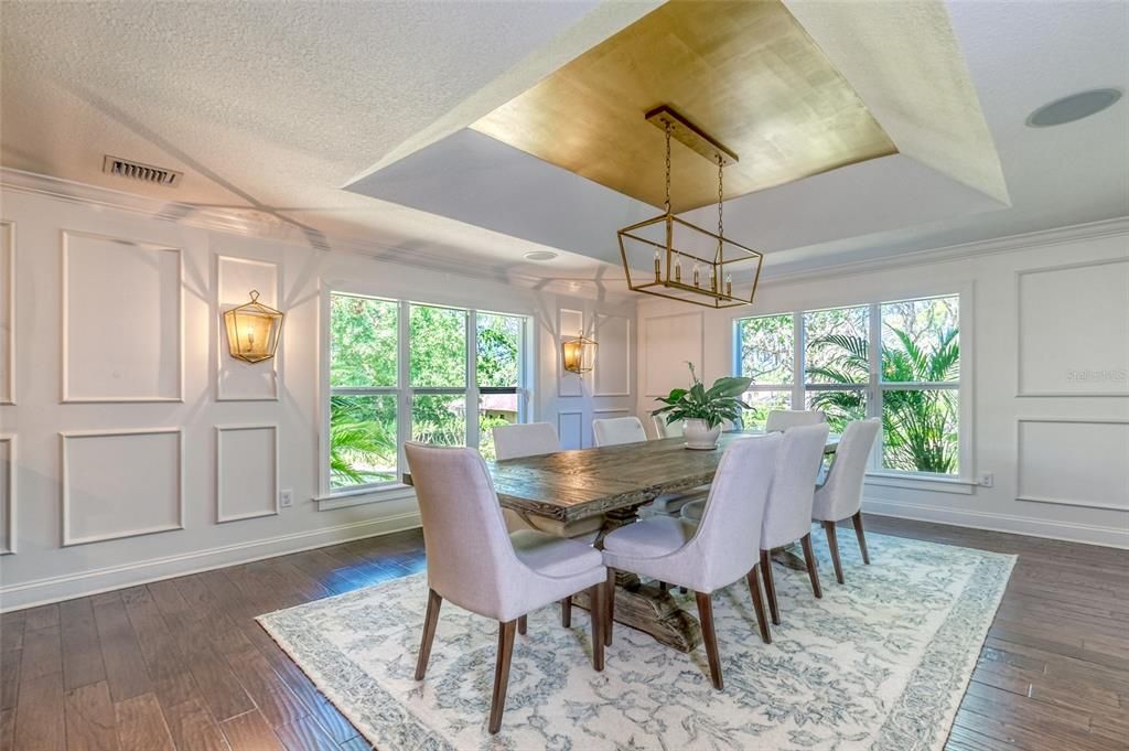 Dining room, Interior, Pendant Lights, Wood Texture Flooring