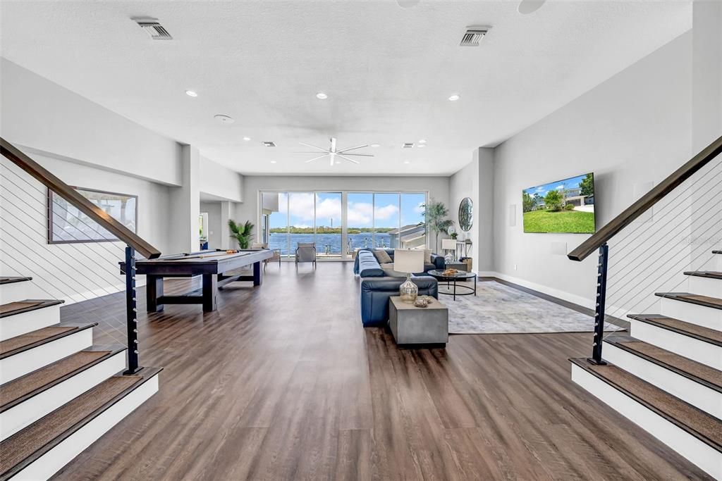 Billiard Table, Game Room, Interior, Living room, Recessed Lighting, Water, Wood Texture Flooring