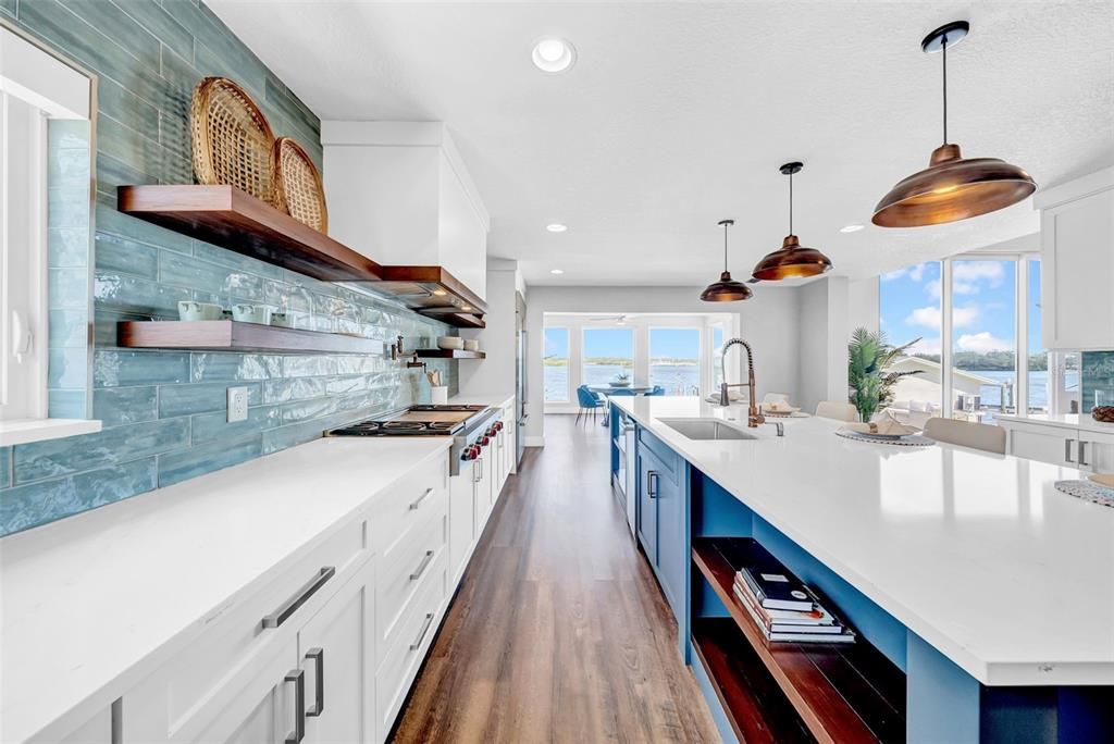 Interior, Kitchen, Pendant Lights, Recessed Lighting, Stainless Steel Appliances, Water, Wood Texture Flooring