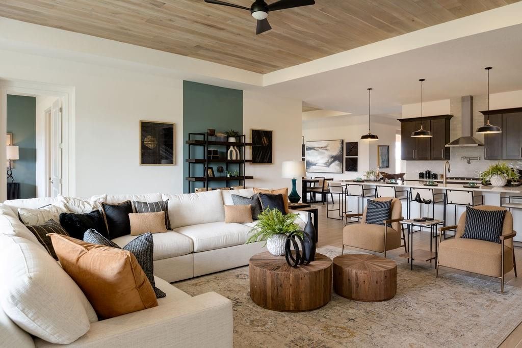 Dining room, Interior, Kitchen, Living room, Pendant Lights, Wooden Ceilings