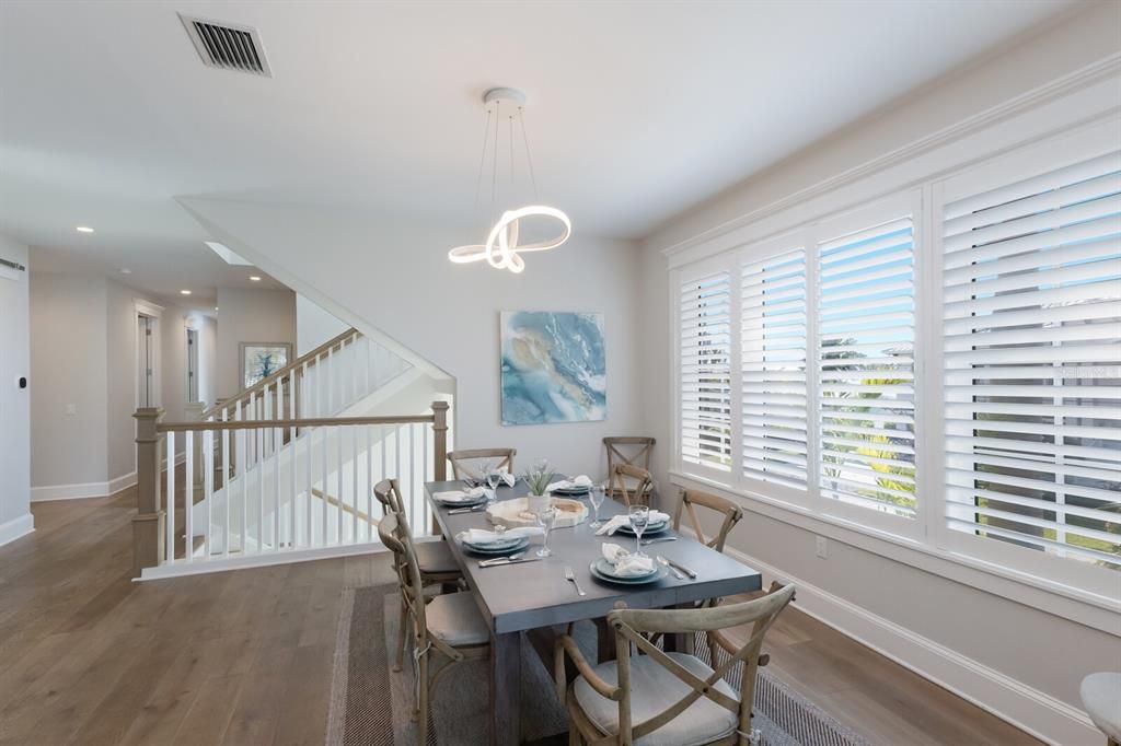 Dining room, Interior, Pendant Lights, Recessed Lighting, Wood Texture Flooring