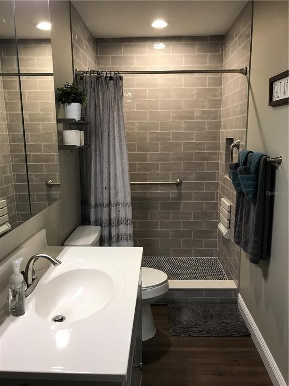 Bathroom, Interior, Recessed Lighting, Wood Texture Flooring