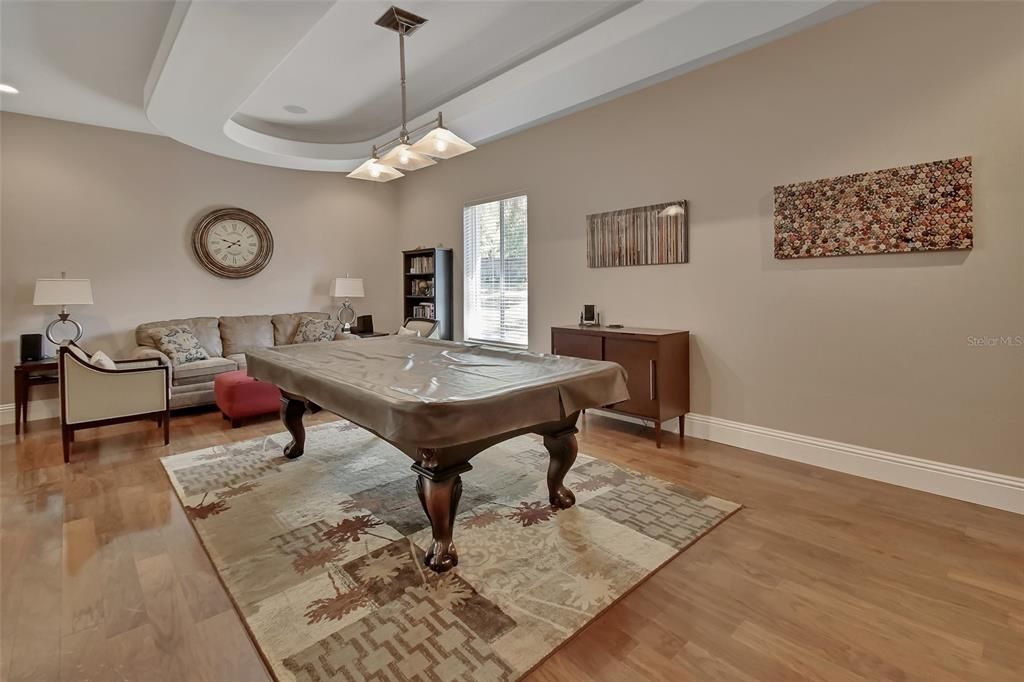 Billiard Table, Game Room, Interior, Pendant Lights, Recessed Lighting, Wood Texture Flooring