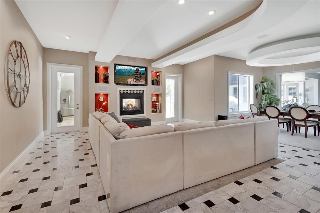 Dining room, Fireplace, Interior, Living room, Pendant Lights, Recessed Lighting