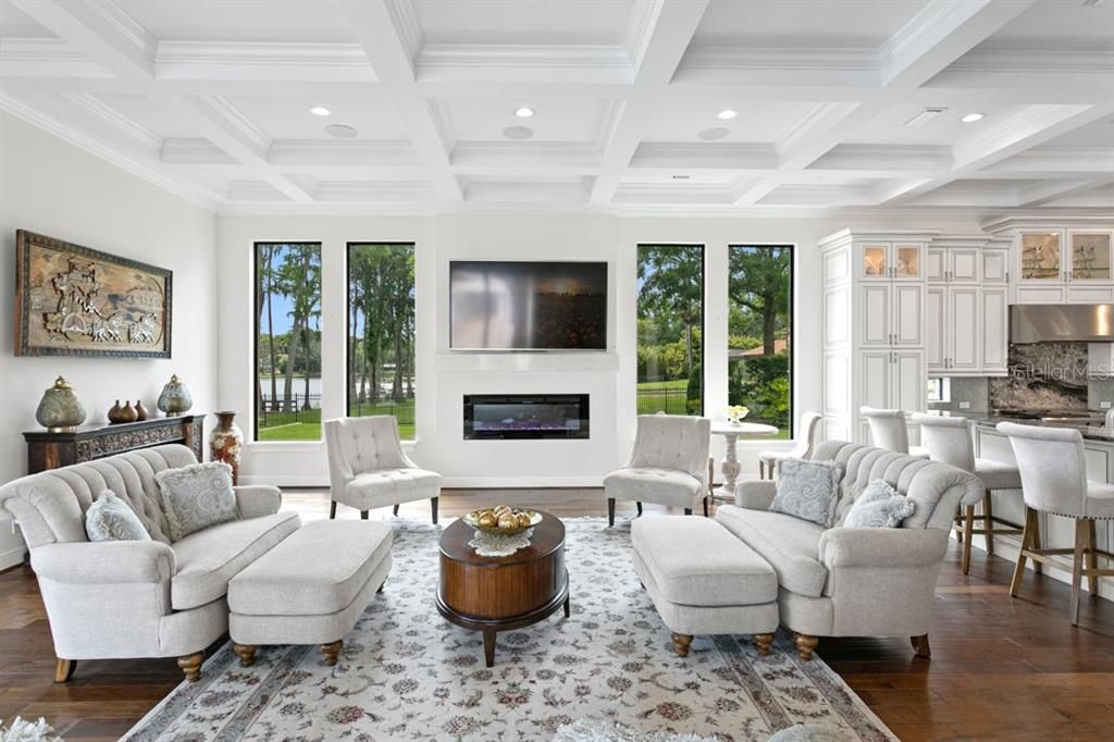 Fireplace, Interior, Kitchen, Living room, Recessed Lighting, Wood Texture Flooring