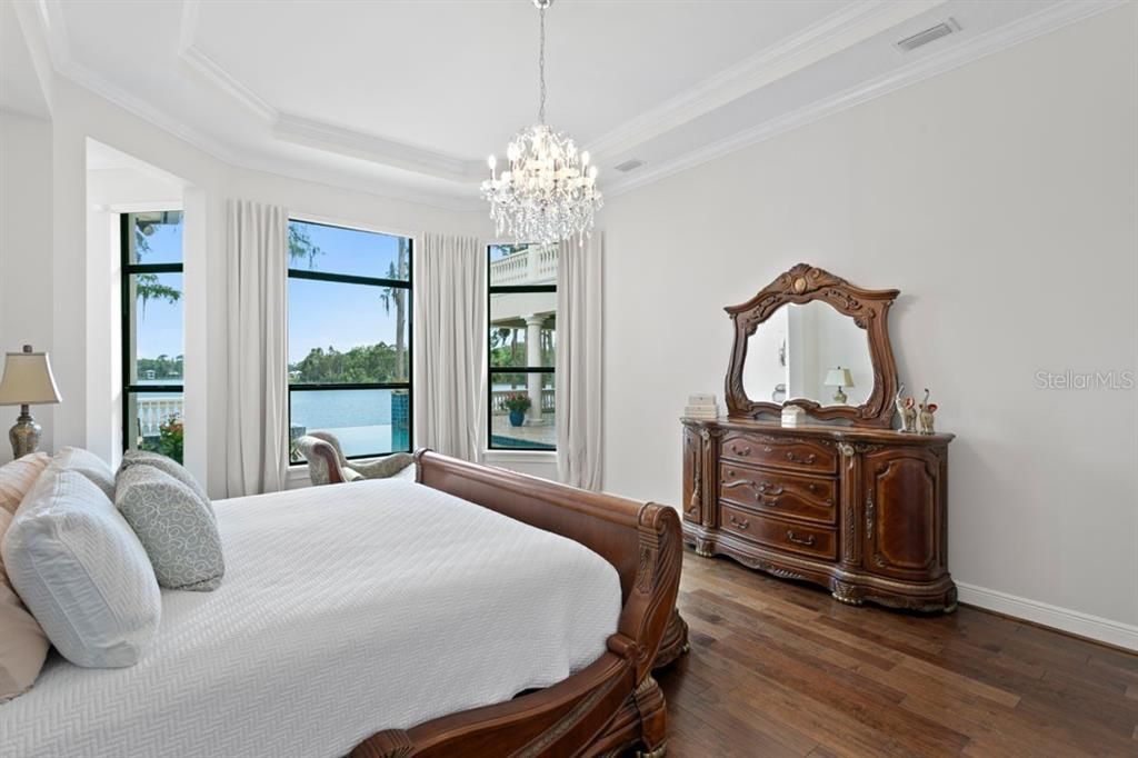 Bedroom, Chandelier, Interior, Water, Wood Texture Flooring