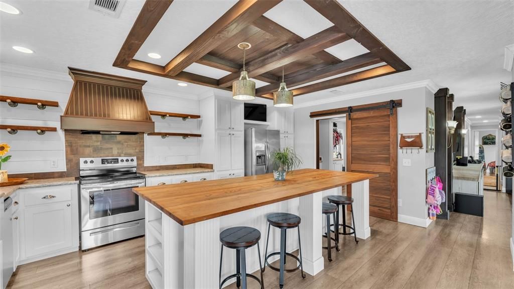 Interior, Kitchen, Pendant Lights, Recessed Lighting, Stainless Steel Appliances, Wooden Beams, Wood Texture Flooring