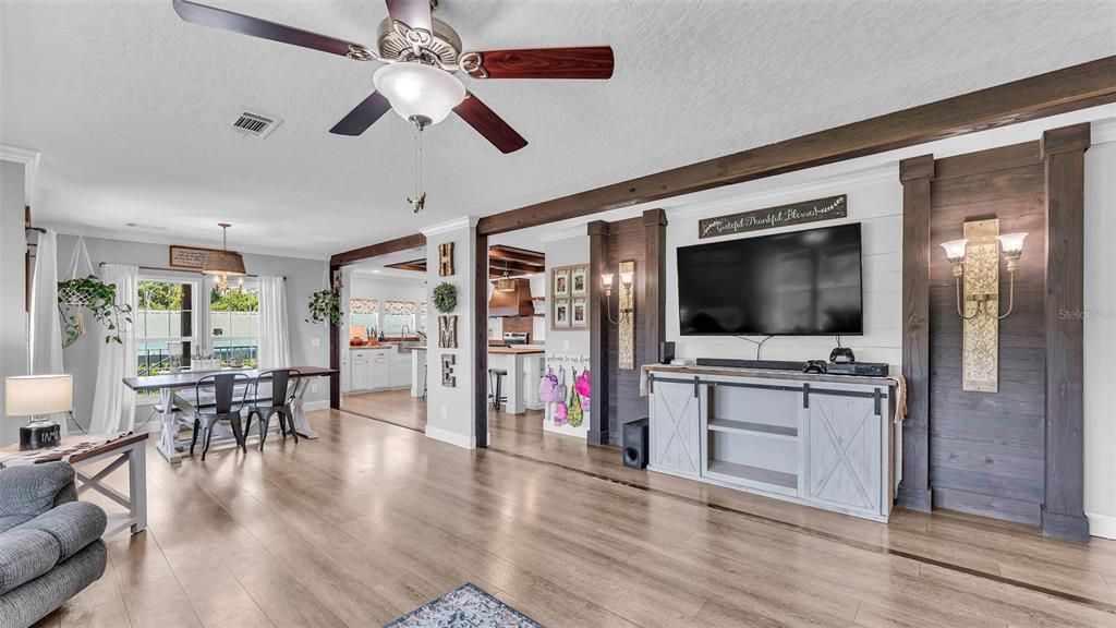 Dining room, Interior, Pendant Lights, Wood Texture Flooring
