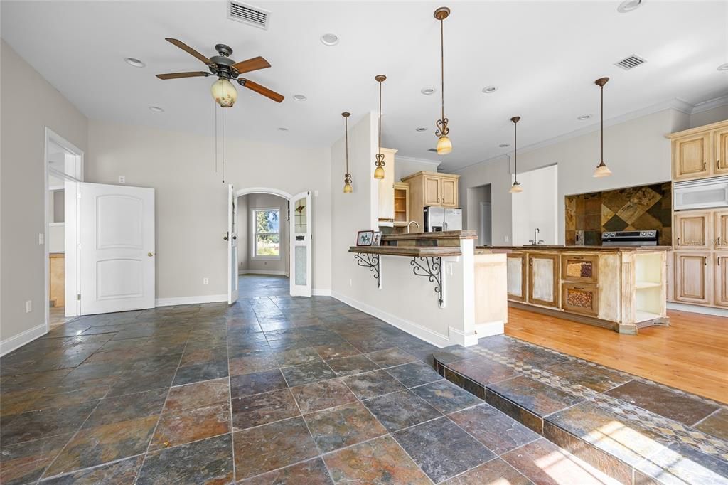 Interior, Kitchen, Pendant Lights, Recessed Lighting, Wood Texture Flooring